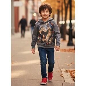 Boy's T REX Dinosaur Hoodie With Pockets Sweatshirt Back Front Print Size 6-7